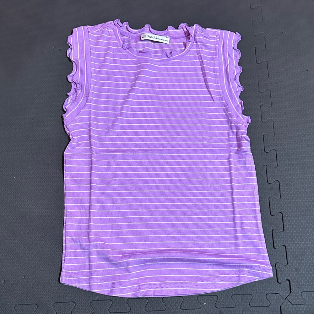 Zenana Sleeveless Ruffled Edge Stripe Tank - Lavender Small NWOT